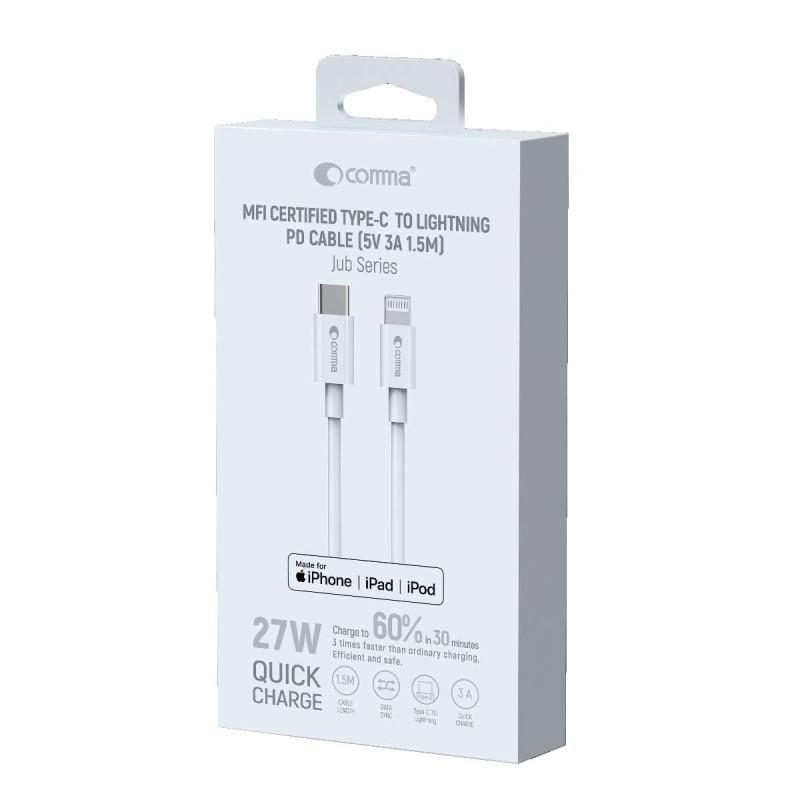 "Comma" kabelis Jub MFi USB-C - Lightning 3A 1,5 m, baltas