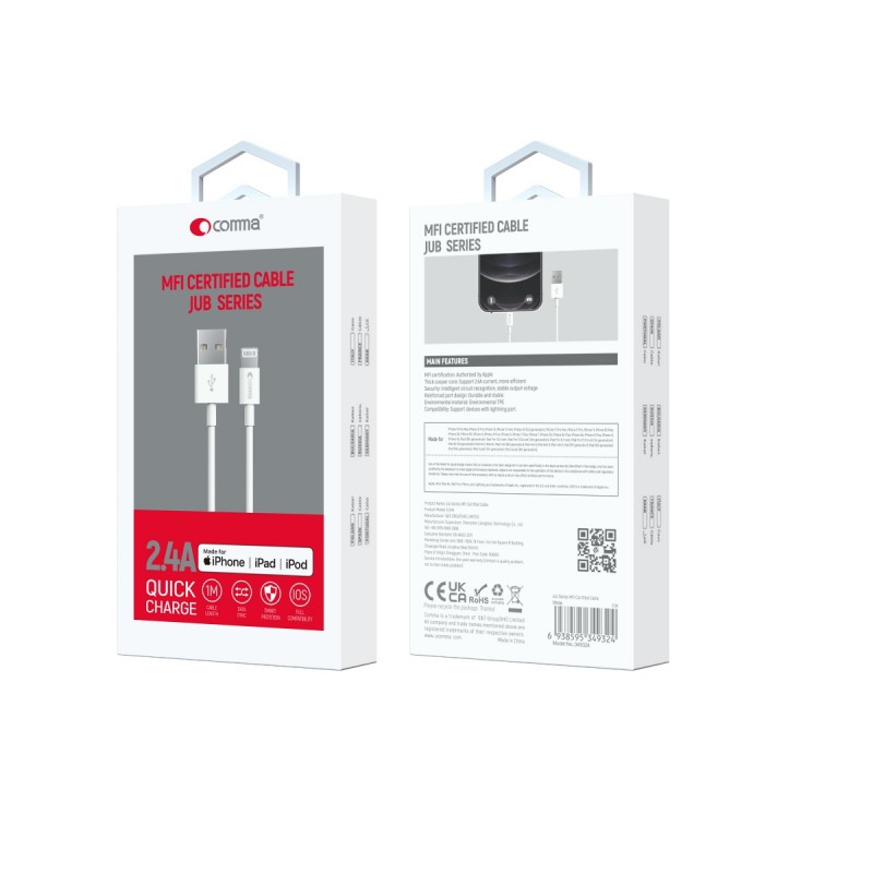 "Comma" kabelis Jub MFi USB - Lightning 2,4A 1,0 m baltas