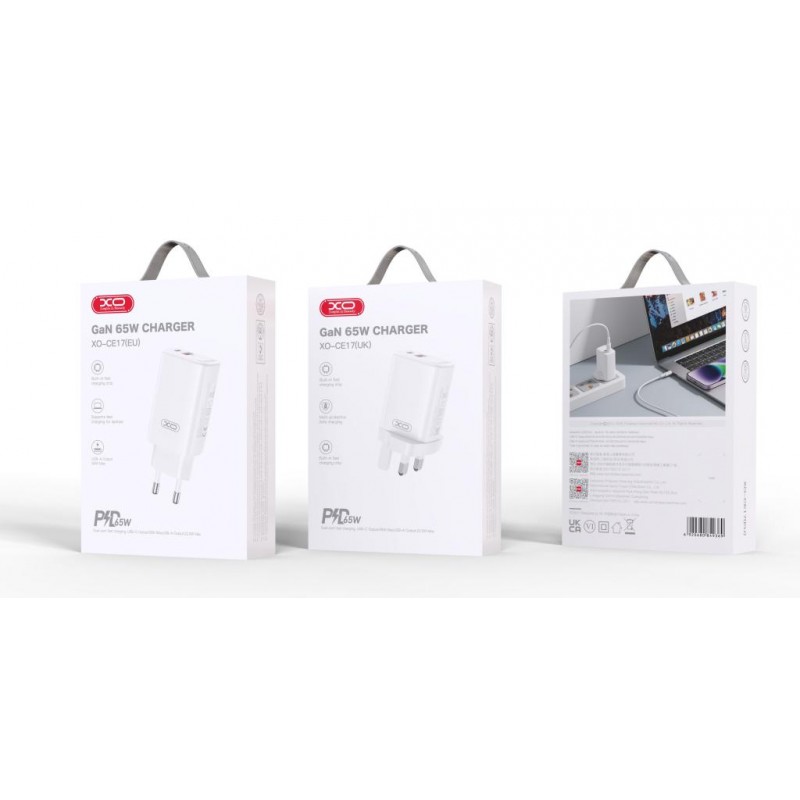 XO sieninis įkroviklis CE17 PD 65W 1x USB-C 1x USB baltas