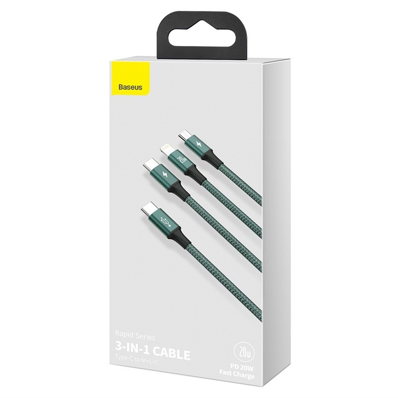 "Baseus" kabelis 3in1 Rapid PD USB-C - micro USB + Lightning + USB-C 1,5 m žalias 20 W
