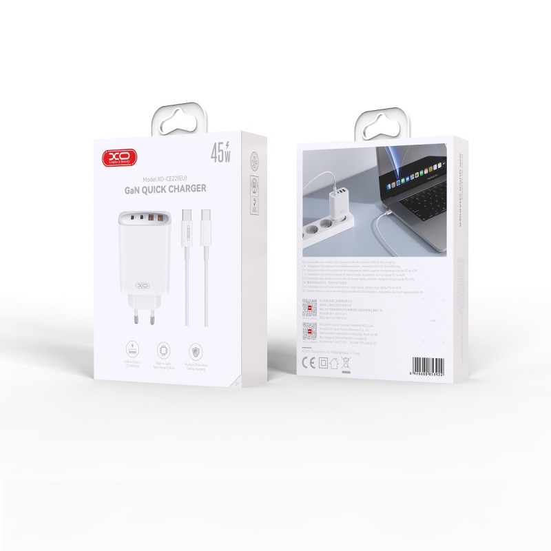 XO sieninis įkroviklis CE22 PD 45W 2x USB-C 2x USB baltas + kabelis USB-C - USB-C