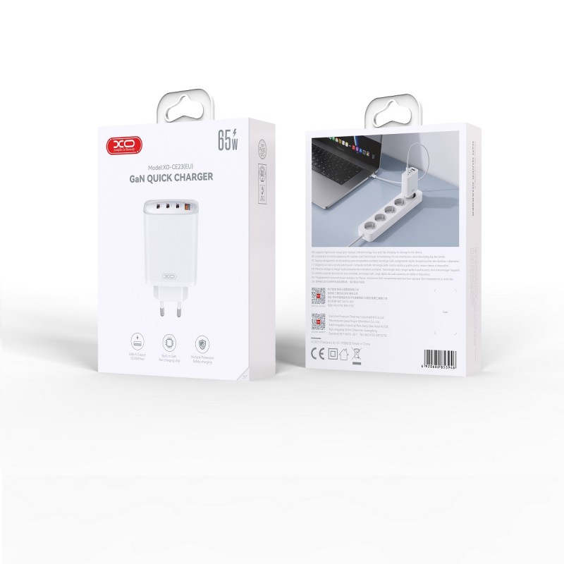 XO sieninis įkroviklis CE23 PD 65W 3x USB-C 1x USB baltas