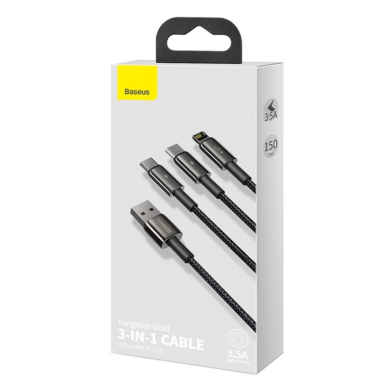 "Baseus" kabelis 3in1 Tungsten USB - micro USB + Lightning + USB-C 1,5 m 3,5 A juodas