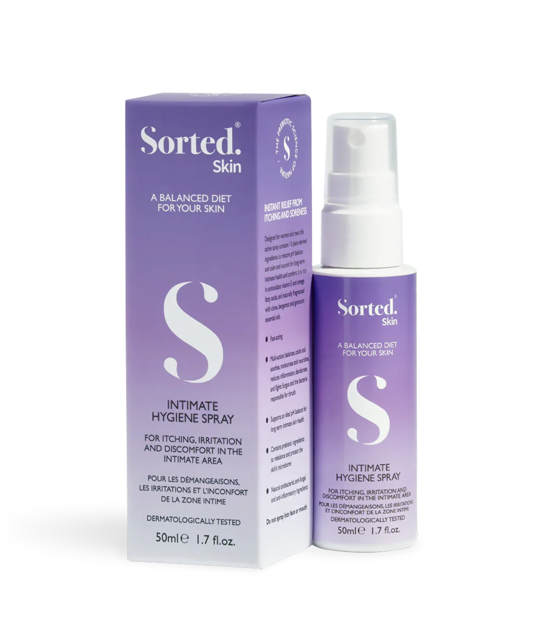 Sorted Skin Intimate Hygiene Spray – Intymios higienos purškiklis su prebiotikais 50 ml.