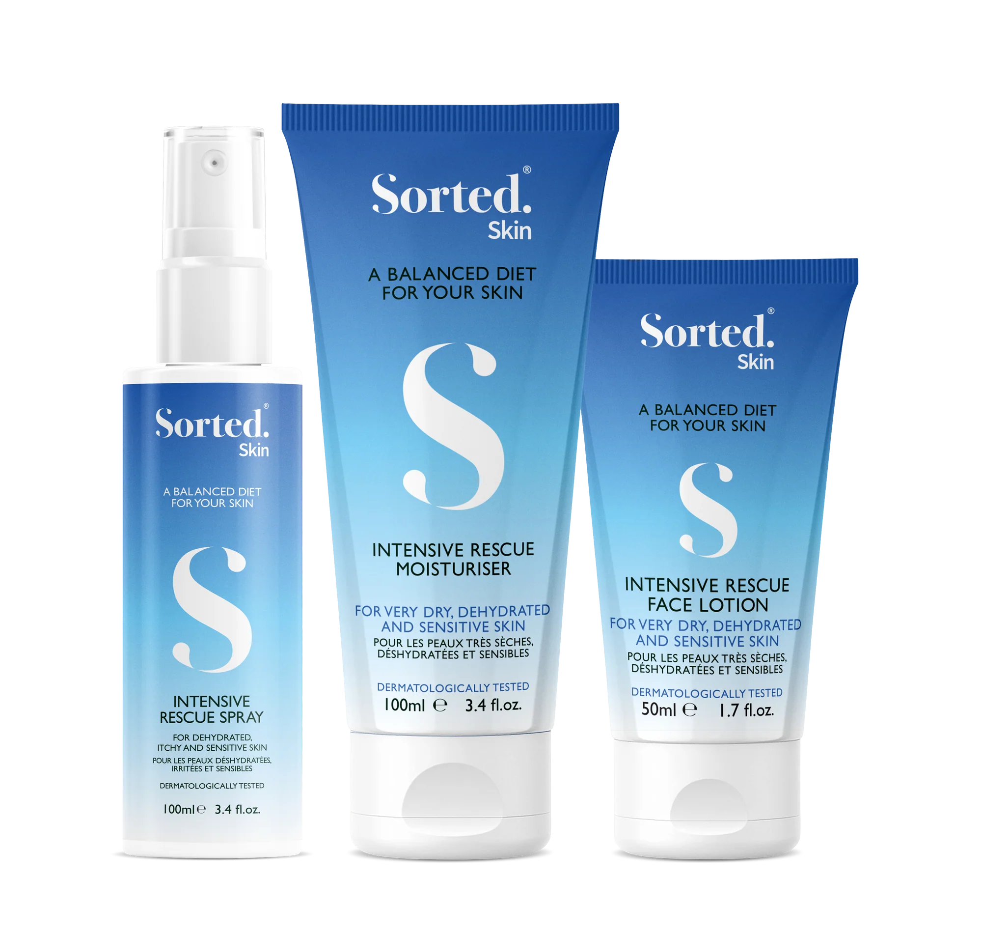 SORTED SKIN INTENSIVE RESCUE TRIO – Intensyvaus poveikio veido ir kūno kremas, purškiklis jautriai ir niežtinčiai odai