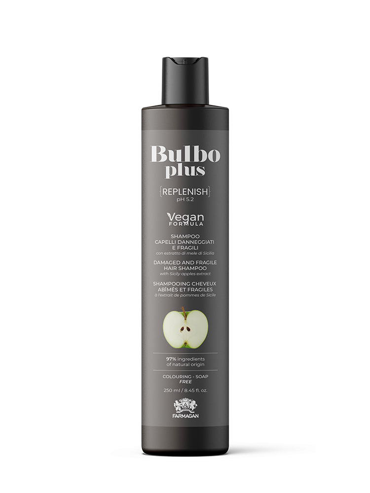 Šampūnas pažeistiems ir trapiems plaukams su Sicilijos obuolių ekstraktu BULBO PLUS REPLENISH 250 ml.