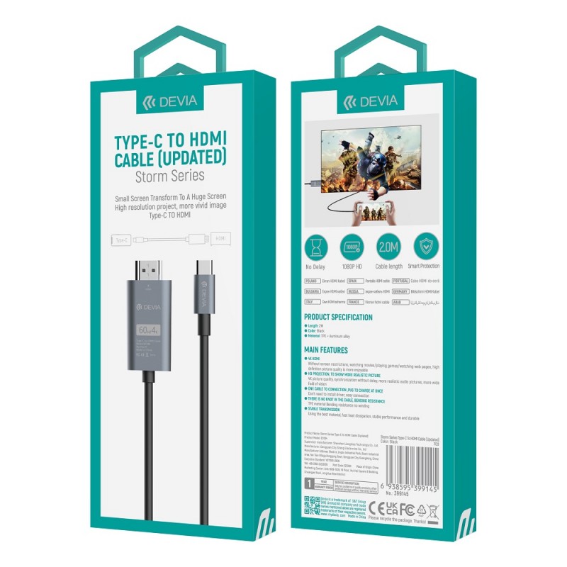 "Devia" kabelis Storm EC084 USB-C - HDMI 4K 60 Hz 2,0 m juodas