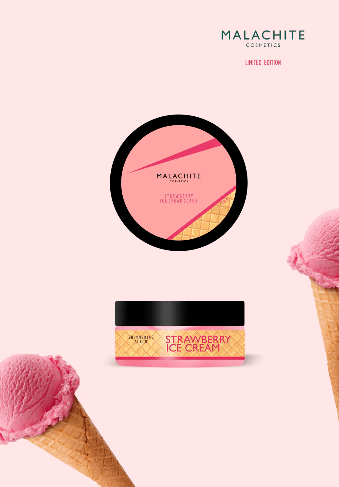 Švytintis kūno šveitiklis MALACHITE COSMETICS „Strawberry ice cream scrub”, 200 g Švytintis kūno šveitiklis MALACHITE COSMETICS „Strawberry ice cream scrub”, 200 g