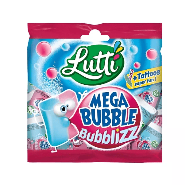 Kramtomoji guma LUTTI MEGA BUBBLE BUBBLIZZ, 85g Kramtomoji guma LUTTI MEGA BUBBLE BUBBLIZZ, 85g