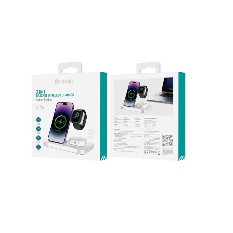 "Devia Smart 3in 1" belaidis įkroviklis 15W, baltas