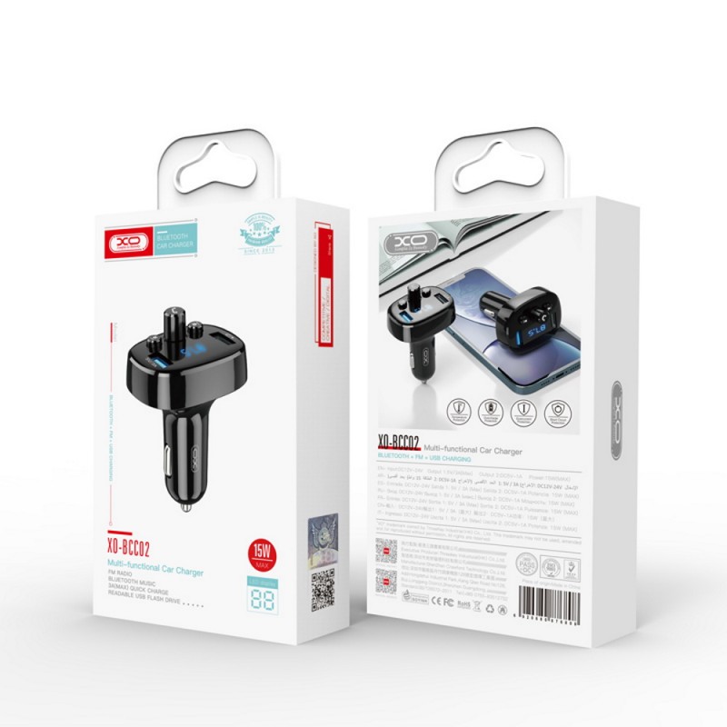 XO siųstuvas FM BCC02 "Bluetooth" MP3 automobilinis įkroviklis 15W juodas