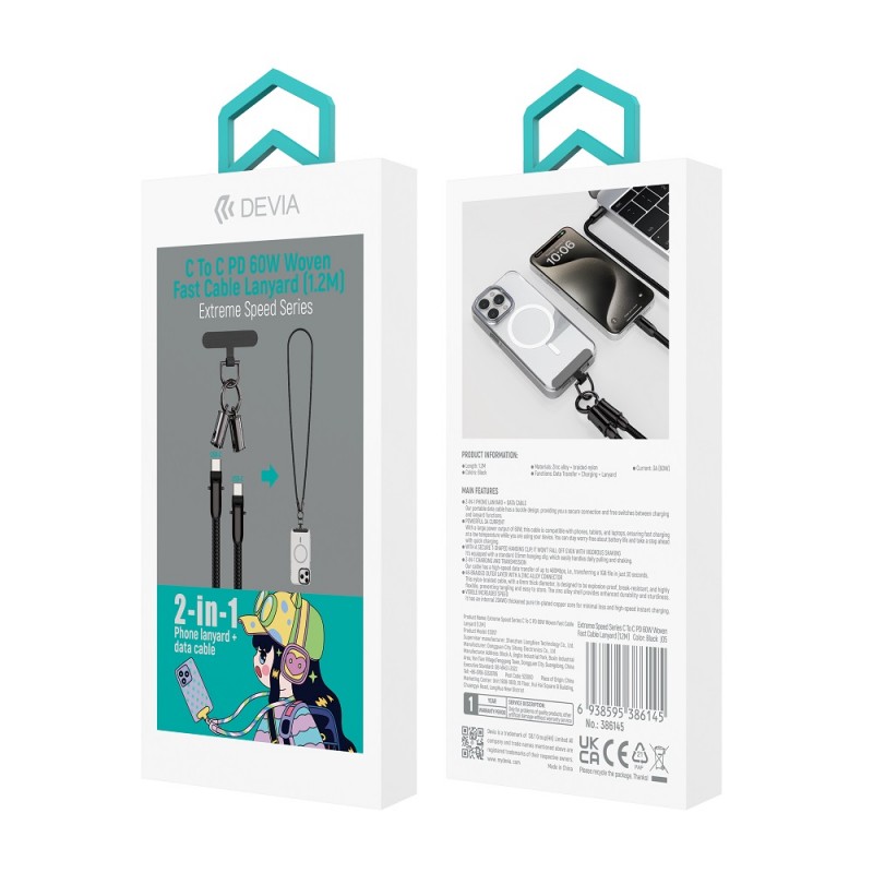 "Devia" kabelio pavadėlis 2in1 PD USB-C - USB-C 1,2 m 60W juodas