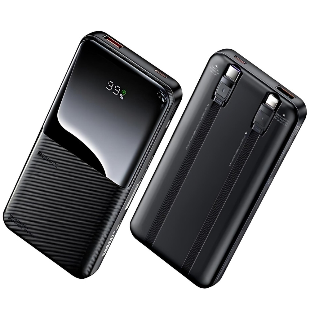 REMAX RPP-679 greito įkrovimo išorinė baterija - powerbank su 2 integ.kabeliais 10000mAh, juoda