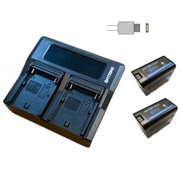 2x Sony NP-F750 PRO Type-C akumuliatorius su indikatoriumi 6400 mAh+ dvigubas greitasis pakrovėjas