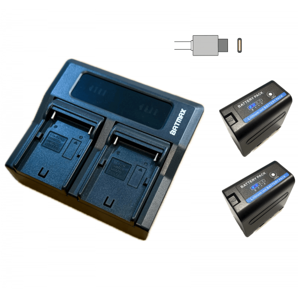 2x Sony NP-F970 PRO USB-C akumuliatorius su indikatoriumi 9600 mAh+ dvigubas greitasis pakrovėjas