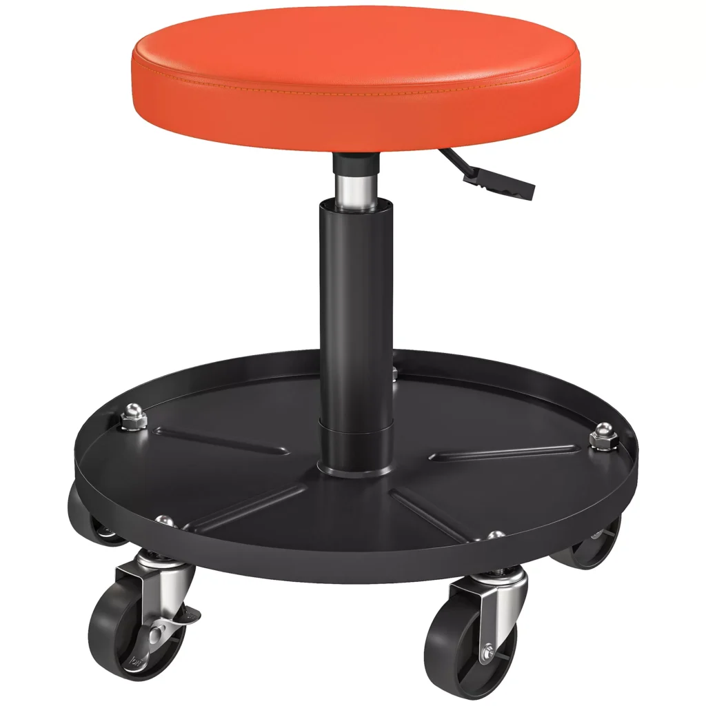 HOMCOM dirbtuvės taburetė su ratukais ir daiktadėže, reguliuojamo aukščio 38-50 cm, iki 135 kg apkrovos, besisukanti, apvali darbastalių sėdynė, Ø38 cm, oranžinė