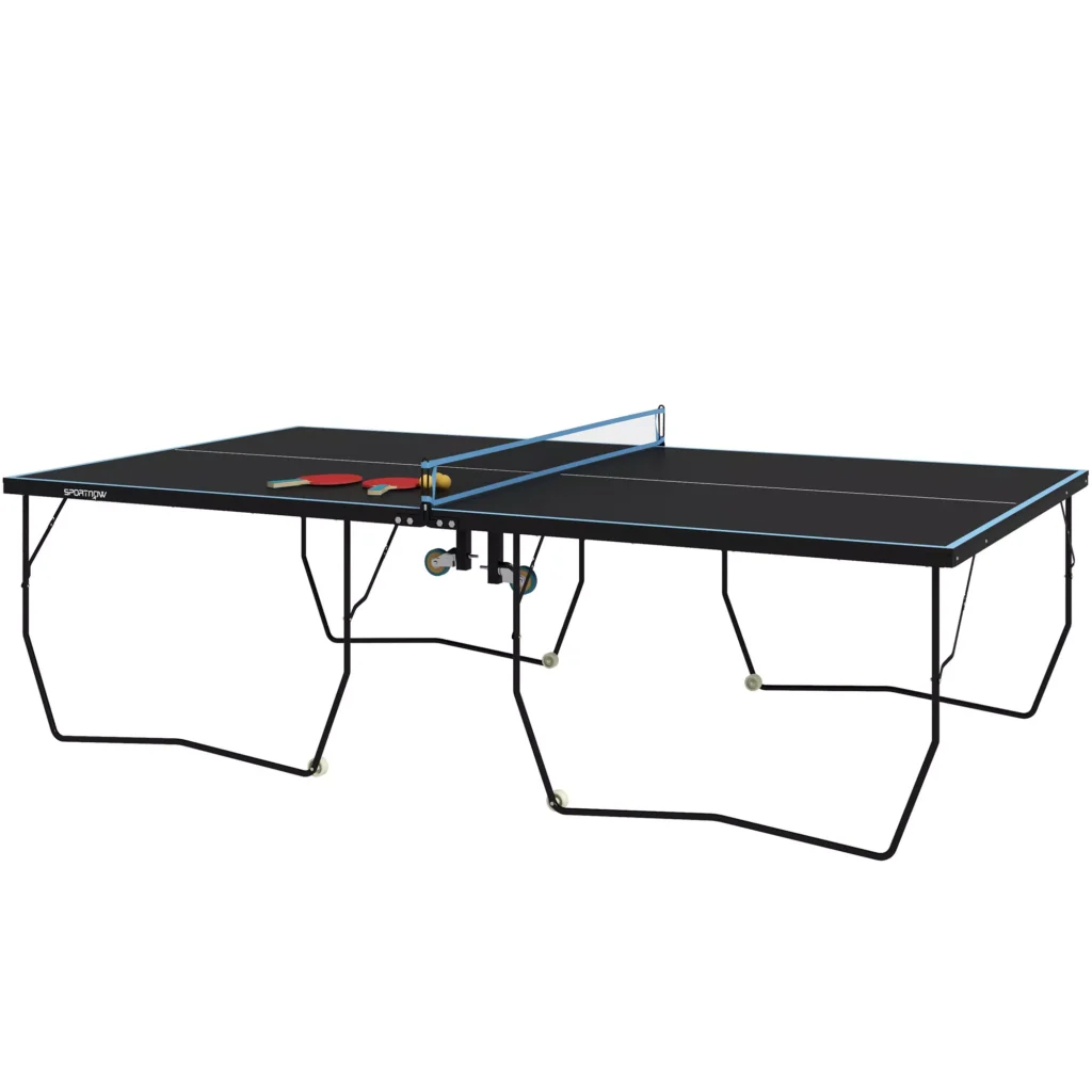 Stalo teniso stalas, sulankstomas su tinkleliu, ratukais, 2 stalo teniso lazdomis ir 3 kamuoliukais, juodas, 274 x 152,5 x 76 cm