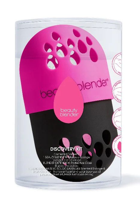 Makiažo kempinėlių rinkinys Beautyblender Discovery Essentials Set BB28655, rinkinį sudaro: makiažo kempinėlė, muiliukas ir dėklas