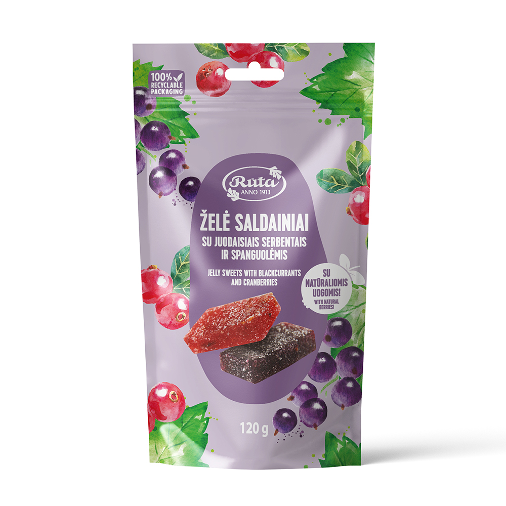 Rūta želė saldainiai su juodaisiais serbentais ir spanguolėmis, 120 g