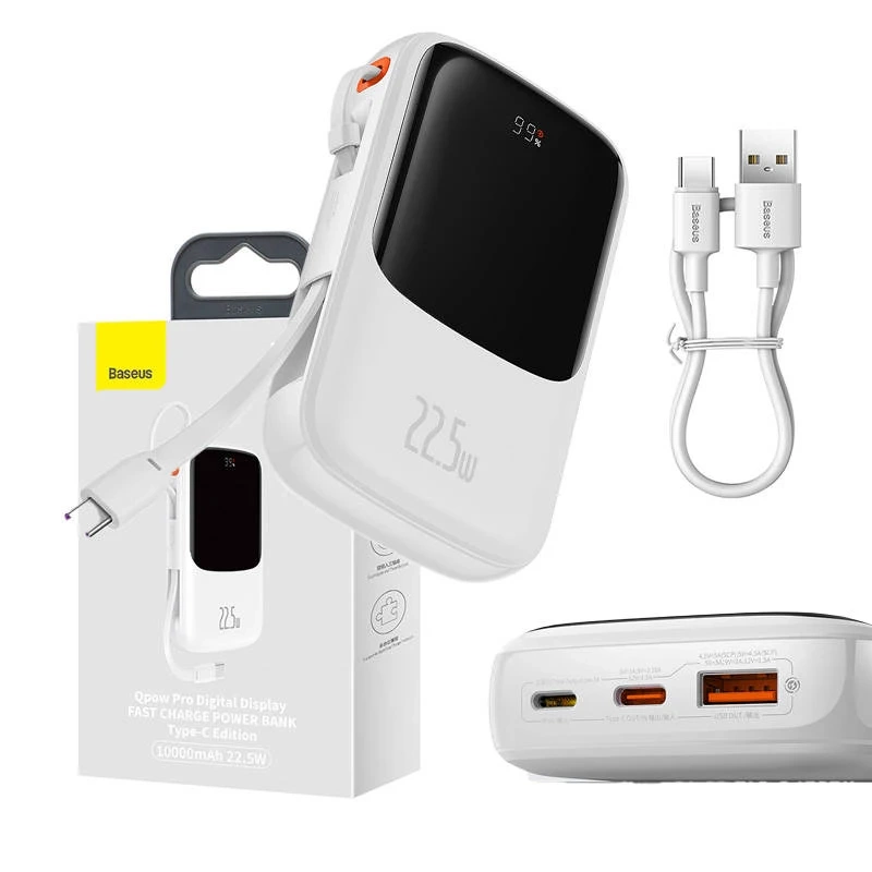Išorinė baterija Baseus Qpow Pro su USB-C laidu, USB-C, USB, 10000 mAh, 22,5 W (balta)