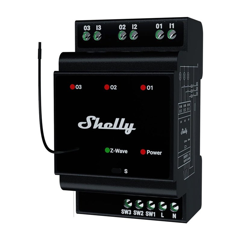 Shelly Qubino Wave Pro 3 Z-Wave trijų kanalų DIN bėgio relė