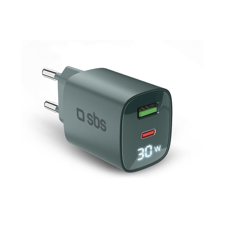 SBS LCD Wall Charger, USB-A, USB-C, LCD, 30 W, šviesiai mėlynas - Adapteris, TETRGANLCD1USB1C30A