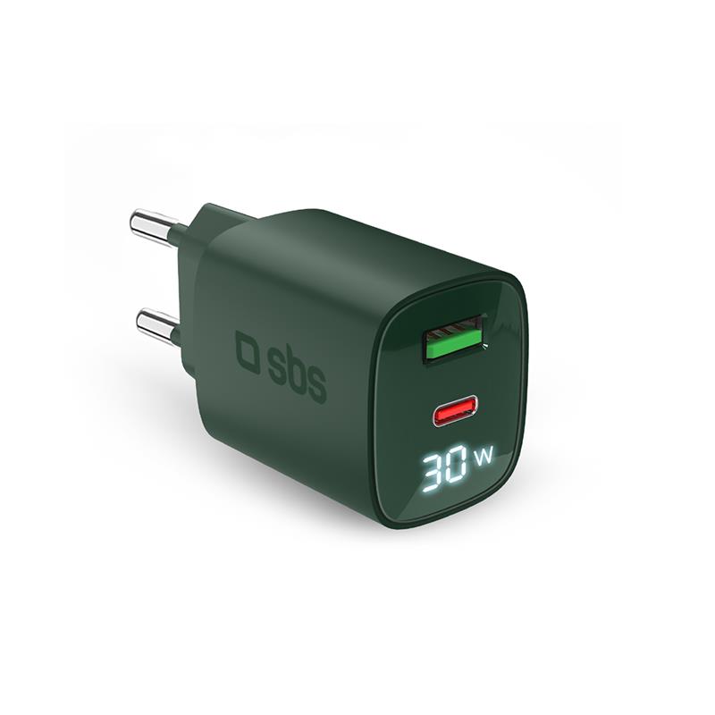 SBS LCD Wall Charger, USB-A, USB-C, LCD, 30 W, žalias - Adapteris, TETRGANLCD1USB1C30G