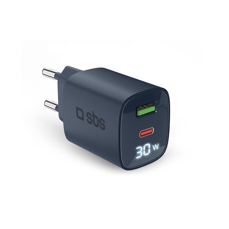 SBS LCD Wall Charger, USB-A, USB-C, LCD, 30 W, mėlynas - Adapteris, TETRGANLCD1USB1C30B