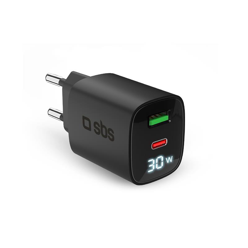 SBS LCD Wall Charger, USB-A, USB-C, LCD, 30 W, juodas - Adapteris, TETRGANLCD1USB1C30K