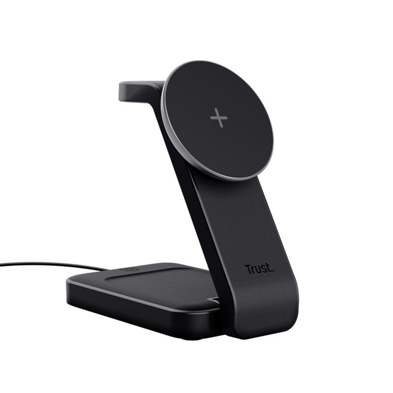 Trust Viro 3-in-1 Wireless Magnetic Charge Stand, Qi, juoda - Belaidė įkrovimo stotelė, 25464