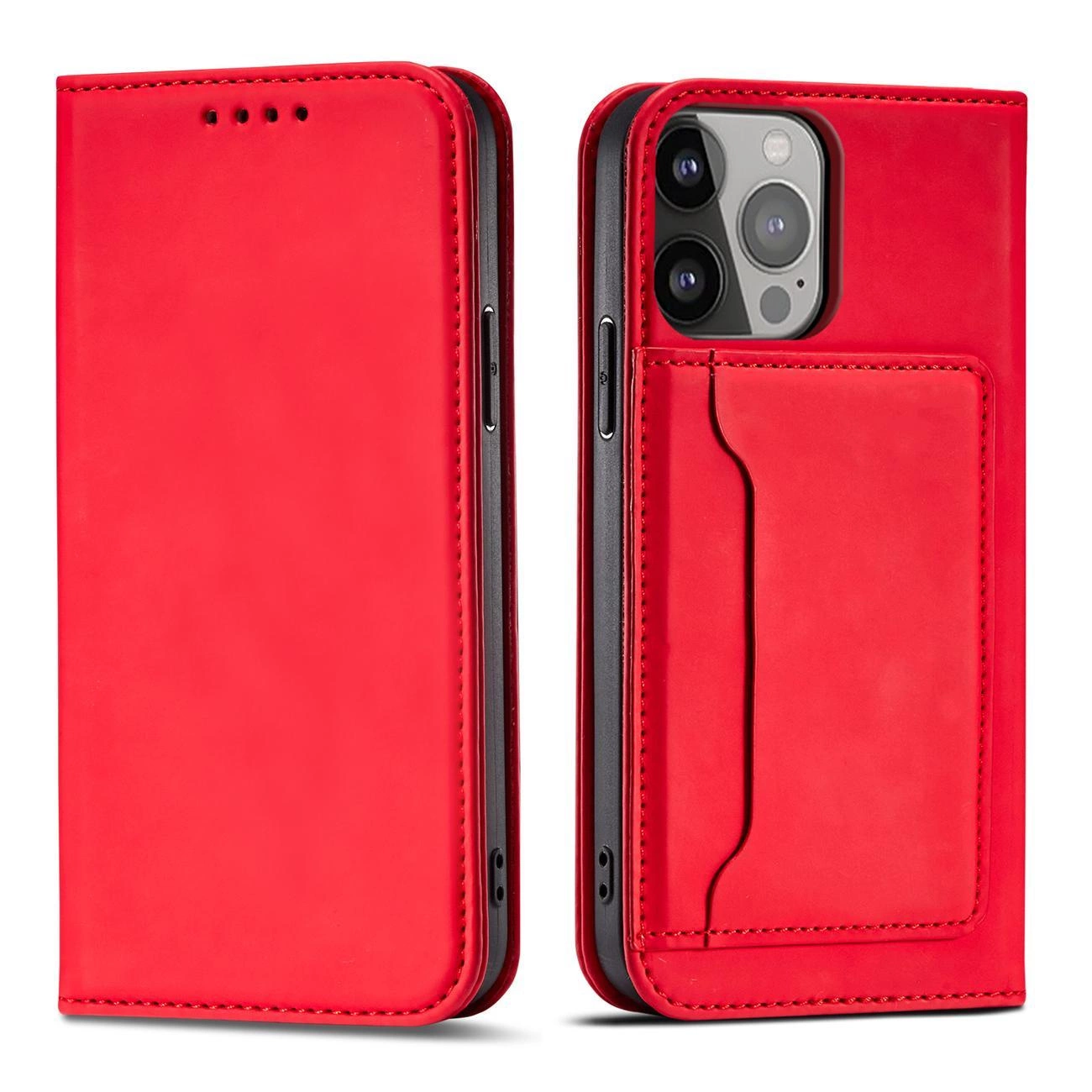 Magnet Card dėklas iPhone 14 Pro, atverčiamas, su kortelių laikikliu ir stovo funkcija, raudonas