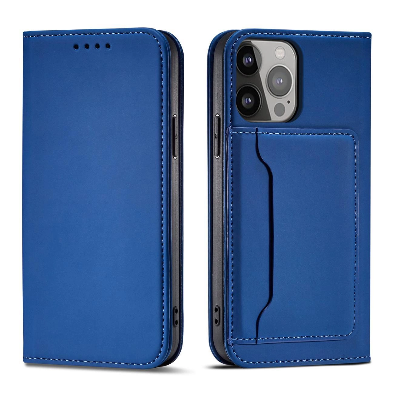 Magnet Card dėklas iPhone 14 Pro, atverčiamas, su kortelių laikikliu ir stovo funkcija, mėlynas
