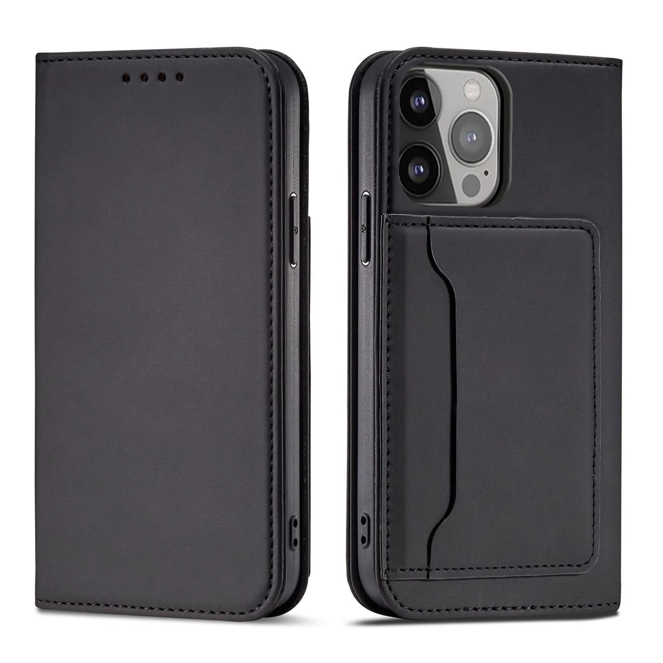 Magnet Card dėklas iPhone 14 Pro, atverčiamas, su kortelių laikikliu ir stovo funkcija, juodas