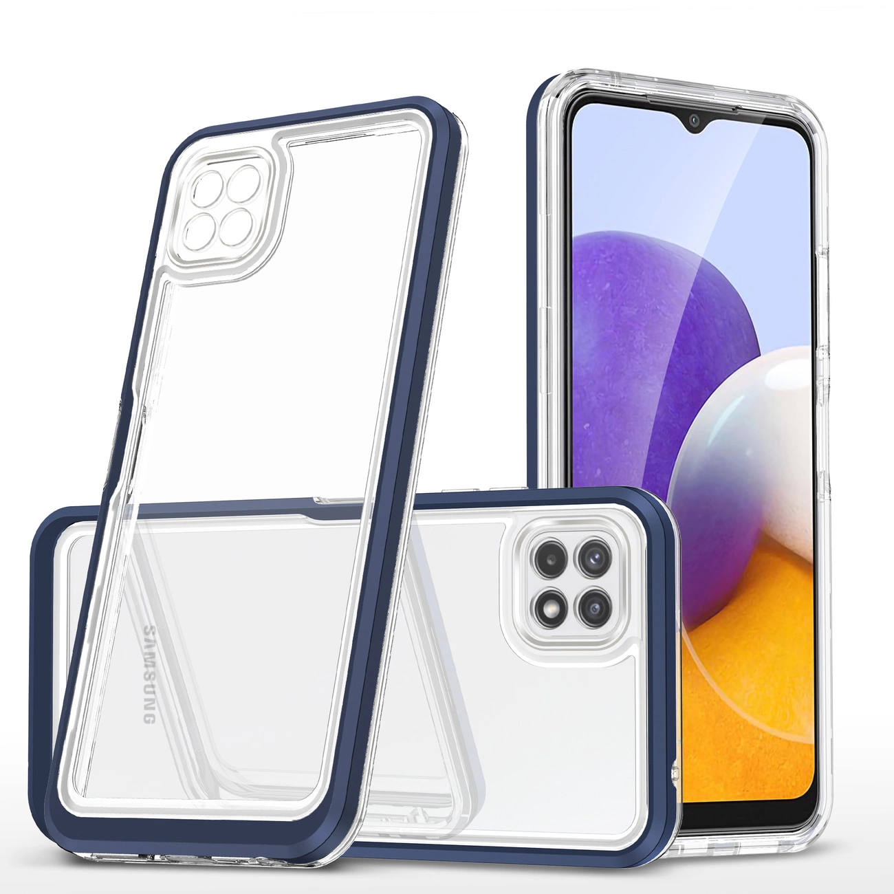 Clear 3in1 dėklas Samsung Galaxy A22 5G gelio dangtelis su rėmeliu mėlynas