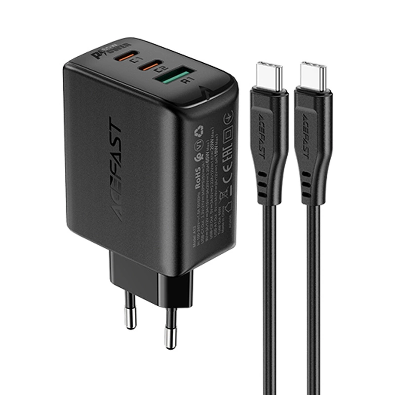 Acefast 2in1 sieninis įkroviklis 2x USB-C / USB-A 65W, PD, QC 3.0, AFC, FCP (rinkinys su USB-C 1,2 m kabeliu) juodas (A13 black)