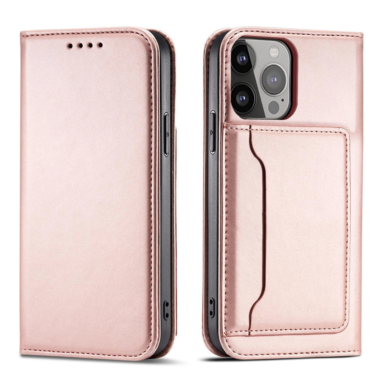 Magnet Card dėklas iPhone 14 Plus, atverčiamas, su kortelių laikikliu ir stovo funkcija, rožinis