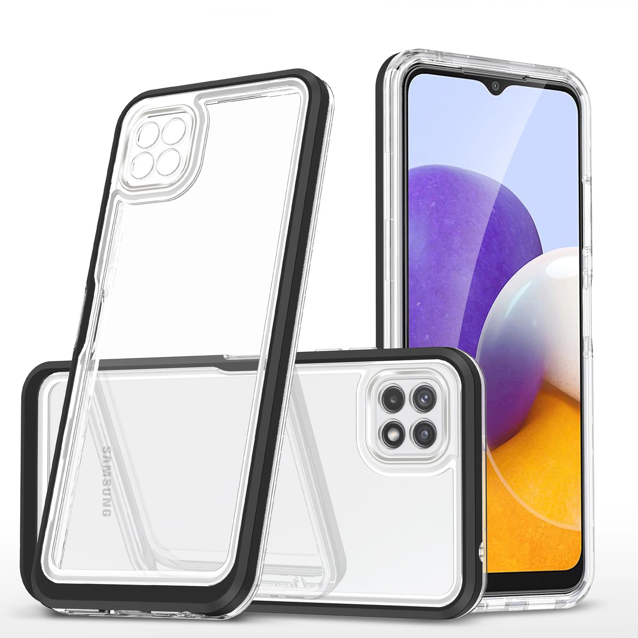 Clear 3in1 dėklas Samsung Galaxy A22 5G gelio dangtelis su rėmeliu juodas