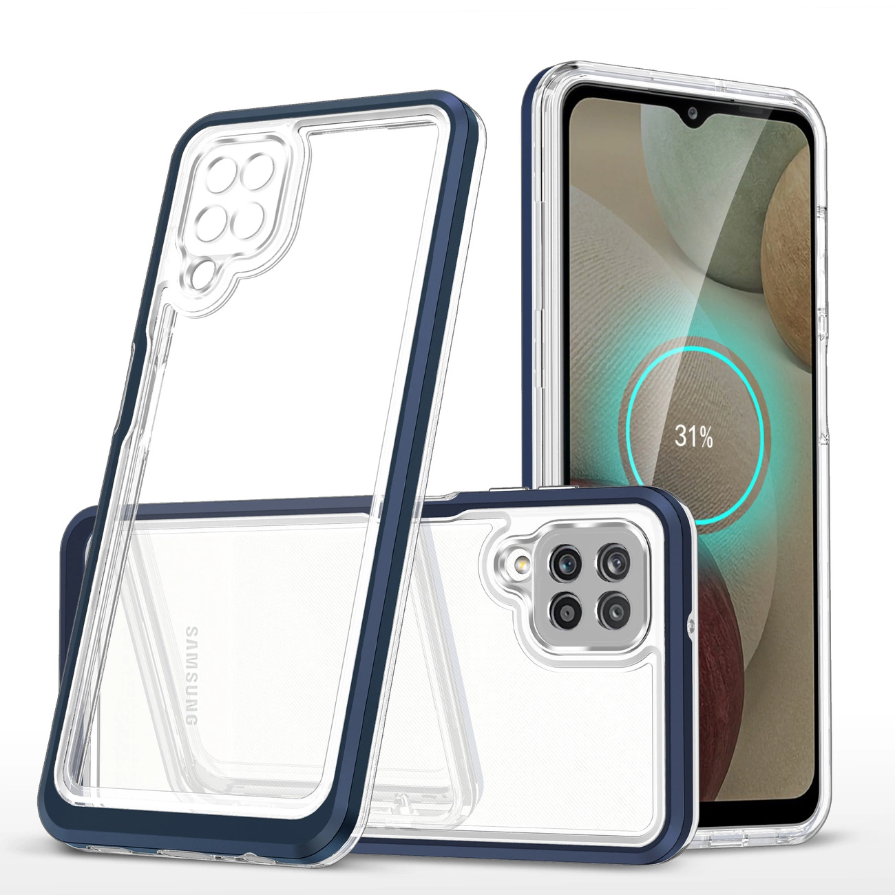 Clear 3in1 dėklas Samsung Galaxy A12 5G gelio dangtelis su mėlynu rėmeliu