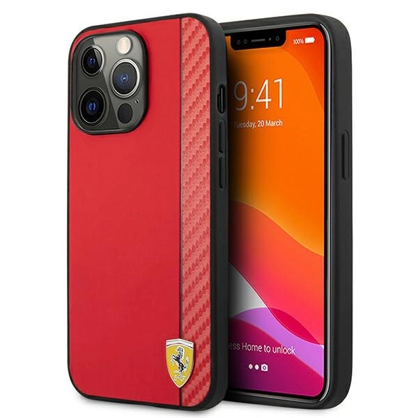 Ferrari FESAXHCP13XRE iPhone 13 Pro Max 6,7" raudonas kietas On Track Carbon Stripe dėklas