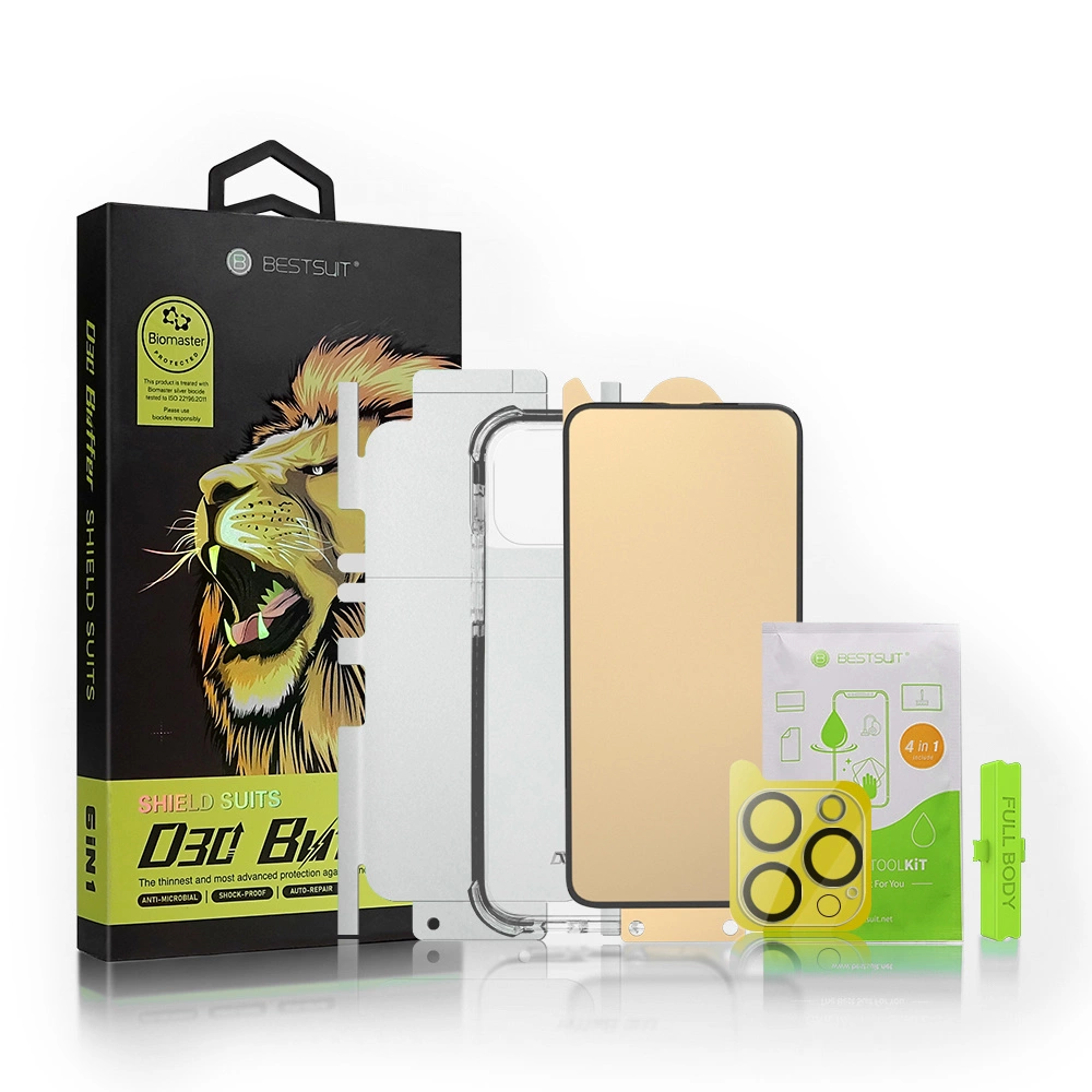 Bestsuit 6in1 rinkinys iPhone 13 mini dėklui / flexi grūdintas stiklas / apsauginė plėvelė nugarėlei / fotoaparato stiklas / šluostės / aplikatorius (D30 Buffer)