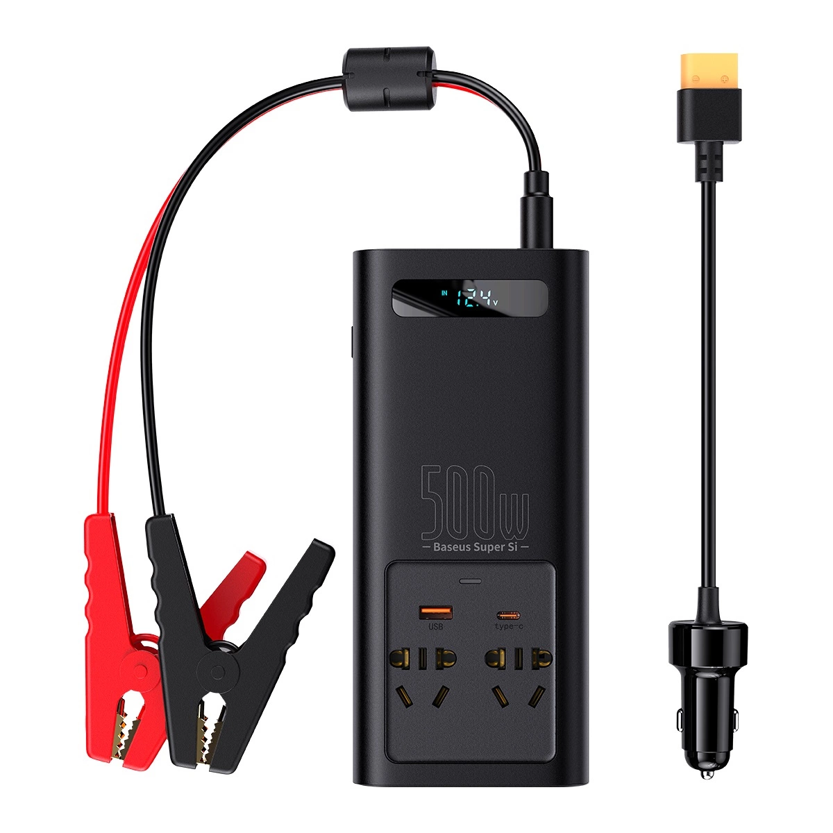 Baseus automobilinis įtampos keitiklis 150W 12V / 500W 220V (EU ir CN kištukai) juodas (CGNB000101)