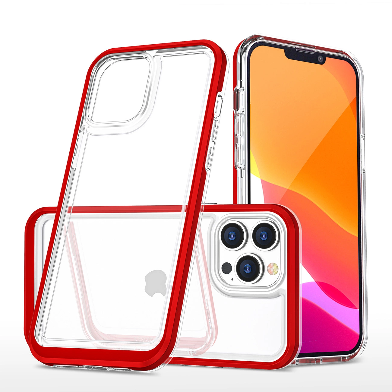 Clear 3in1 dėklas iPhone 14 Pro Max, silikoninis, su rėmeliu, raudonas