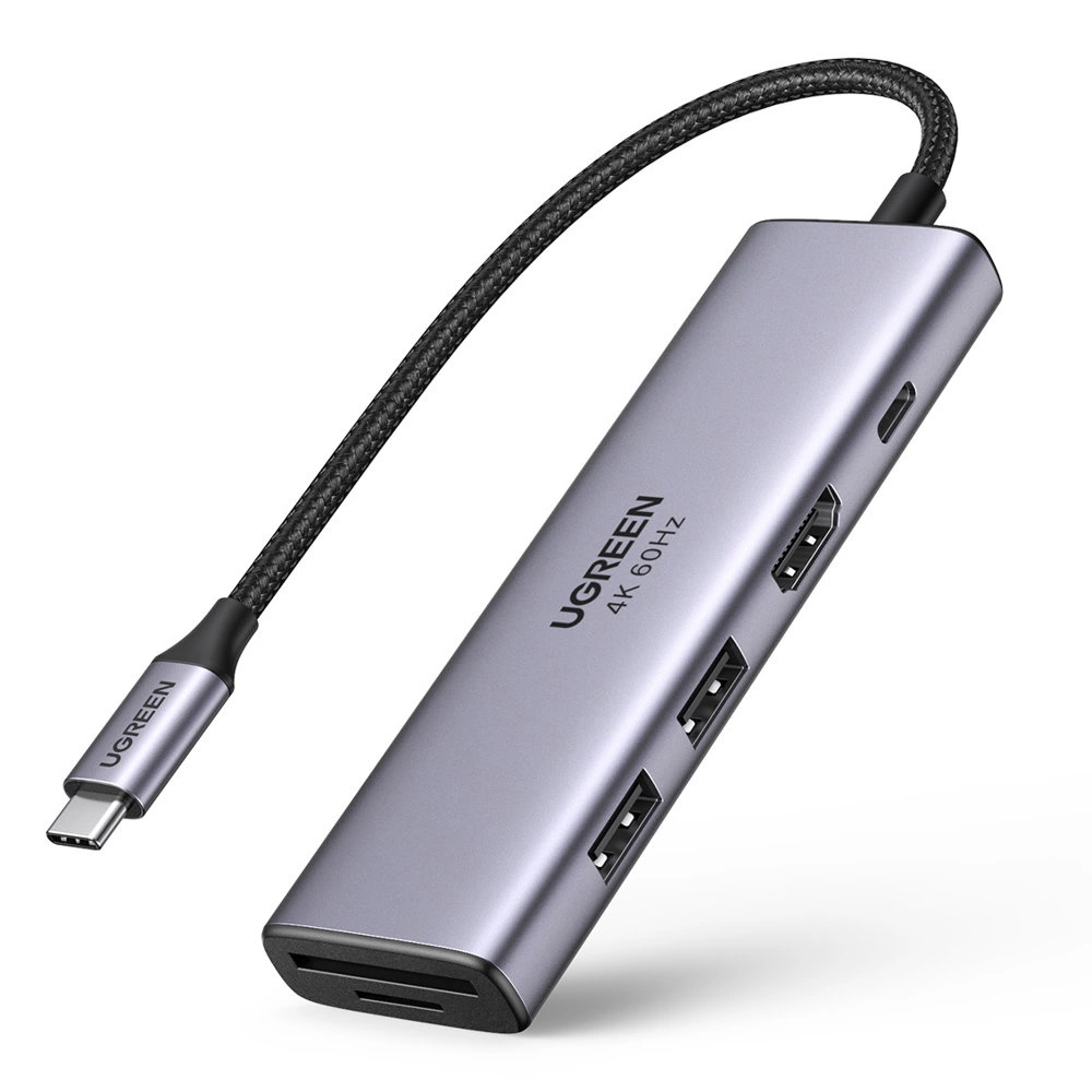 Ugreen 6in1 daugiafunkcis USB Type C HUB - 2x USB 3.2 Gen 1 / HDMI 4K 60Hz / SD ir TF kortelių skaitytuvas / USB Type C PD 100W pilkas (60384 CM511)