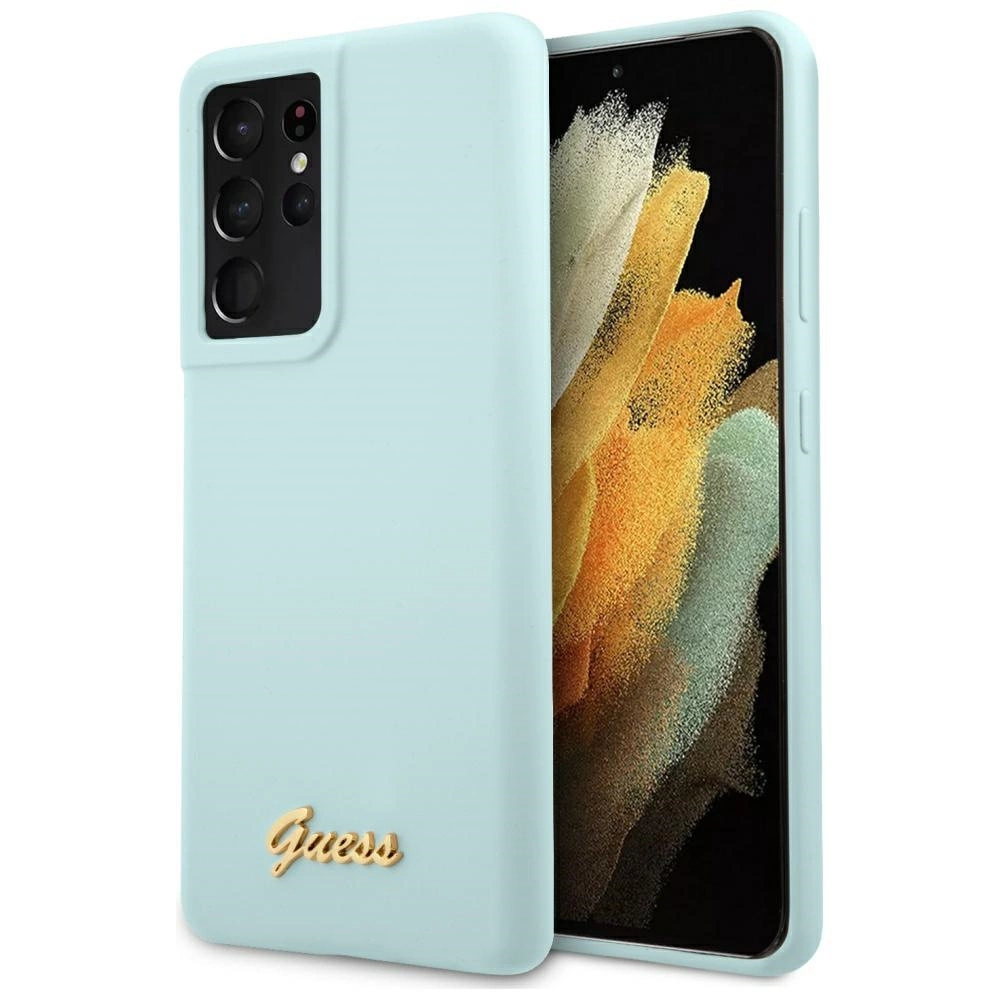 Guess GUHCS21LLSLMGLB S21 Ultra G998 mėlynas/blue kietas dėklas silikoninis Script Metal Logo