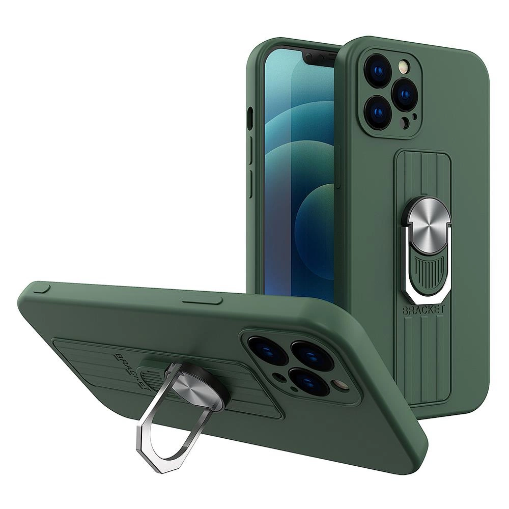 Ring Case silikoninis dėklas su žiedu ir stoveliu iPhone 12 mini tamsiai žalias