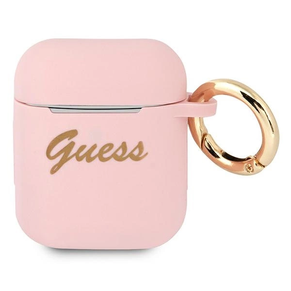 Guess GUA2SSSI AirPods dėklas rožinis/rožinis silikoninis Vintage Script