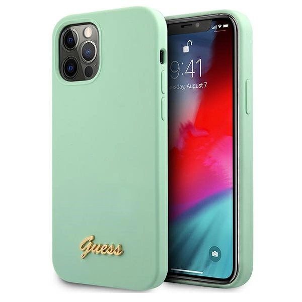 Guess Metal Logo Script dėklas iPhone 12 Pro Max 6.7" - žalias