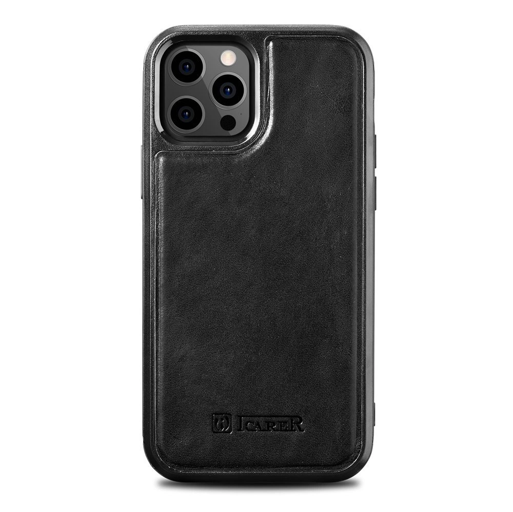 iCarer Leather Oil Wax dėklas natūralios odos iPhone 12 Pro Max juodas (ALI1206-BK)
