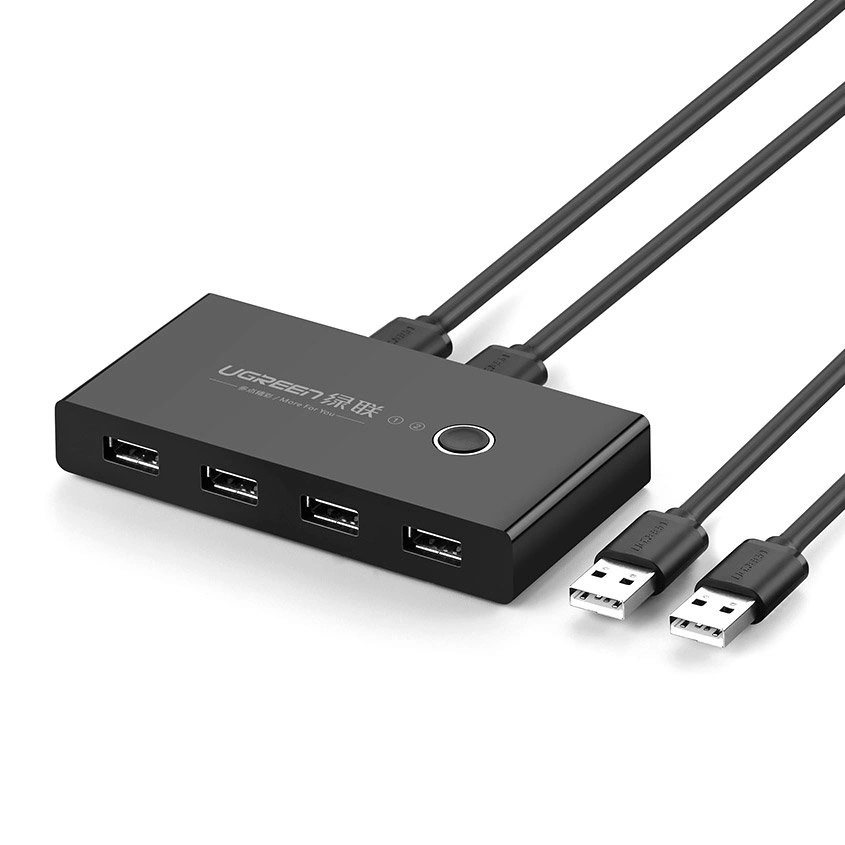 Ugreen perjungimo dėžutė HUB, jungiklis 4x USB 2.0 USB skirstytuvas dviem kompiuteriams – juodas (30767)