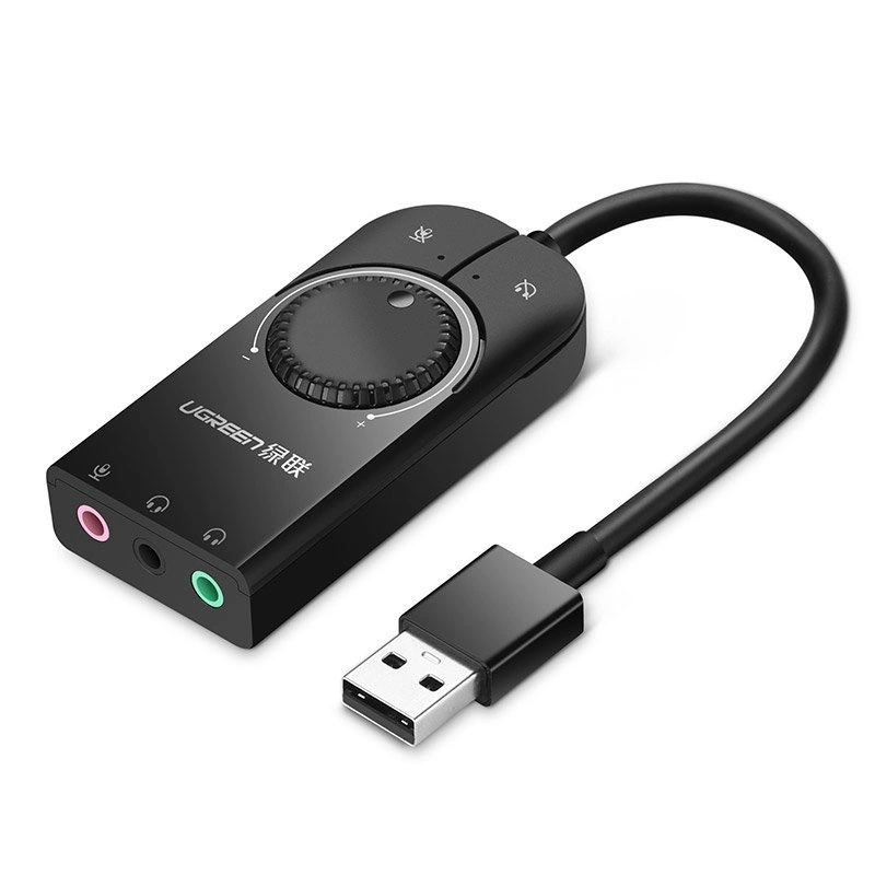 Ugreen išorinė garso korta, muzikos adapteris USB – 3,5 mm mini lizdas su garso reguliavimu 15 cm – juodas (40964)